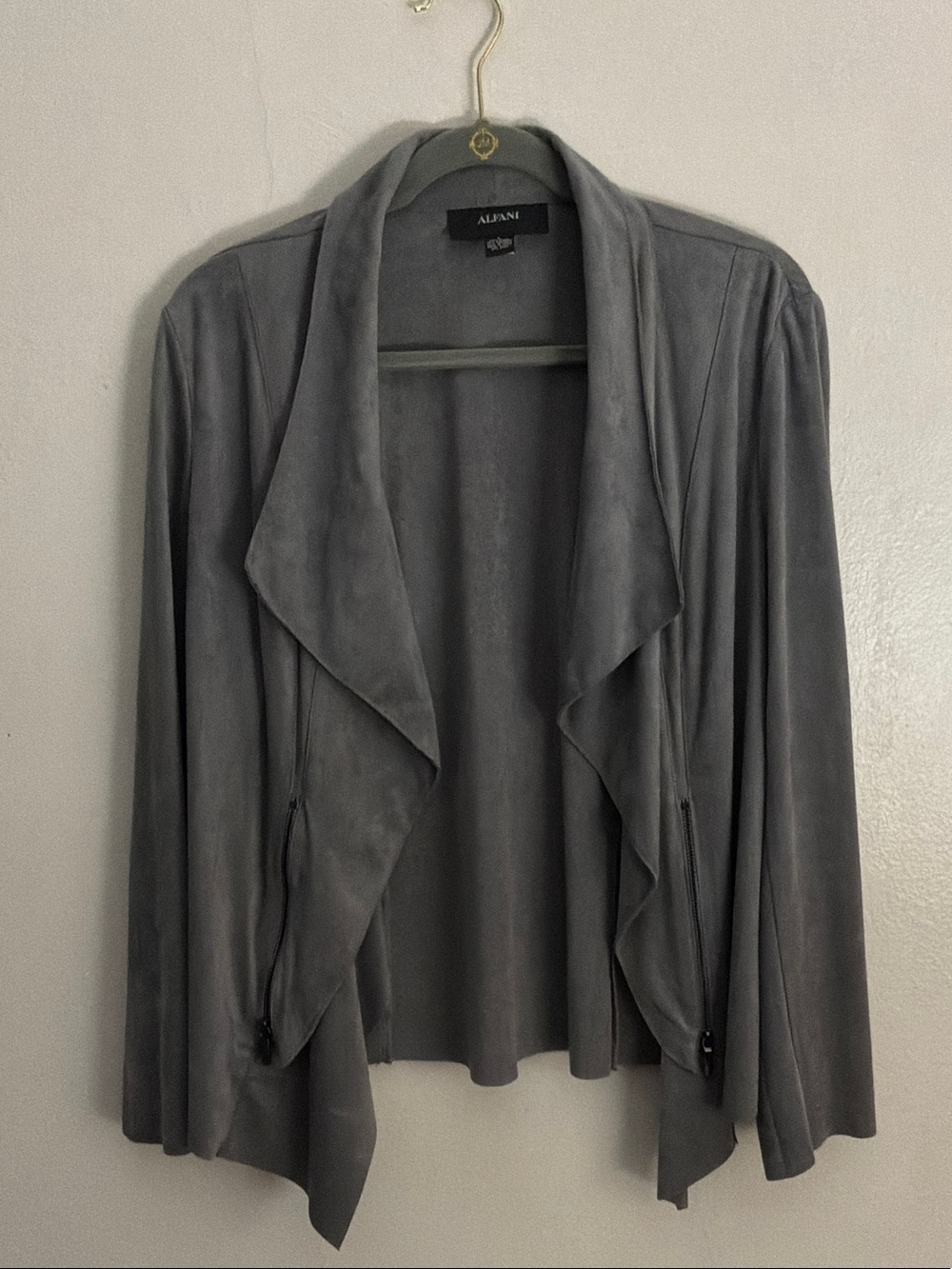 Alfani Gray Draped Open-Front Suede-Feel Blazer